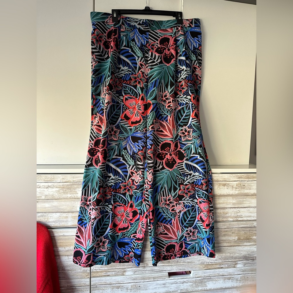 🌺 Papaya Matalan Tropical Floral Wide Leg Pants US 14 UK 18 Pull-On